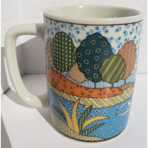 Vintage Otagiri Coffee Mug Patchwork Quilted Mallard Ducks On Pond Japan - Picture 2 of 10